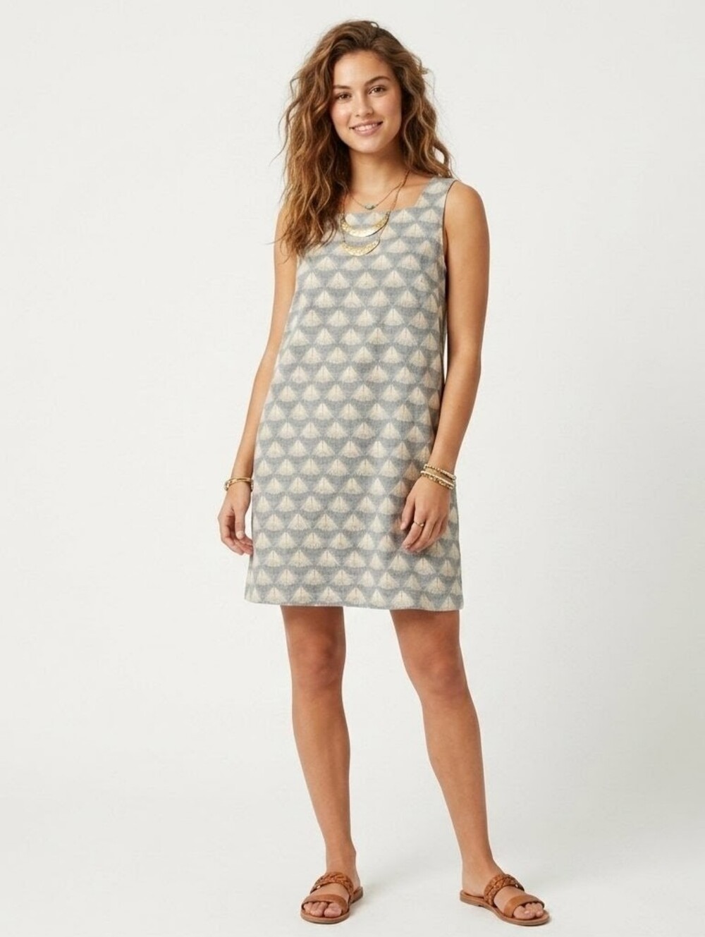 En Saison Linen Blend Geometric Fan Shift Mini Dress - Large